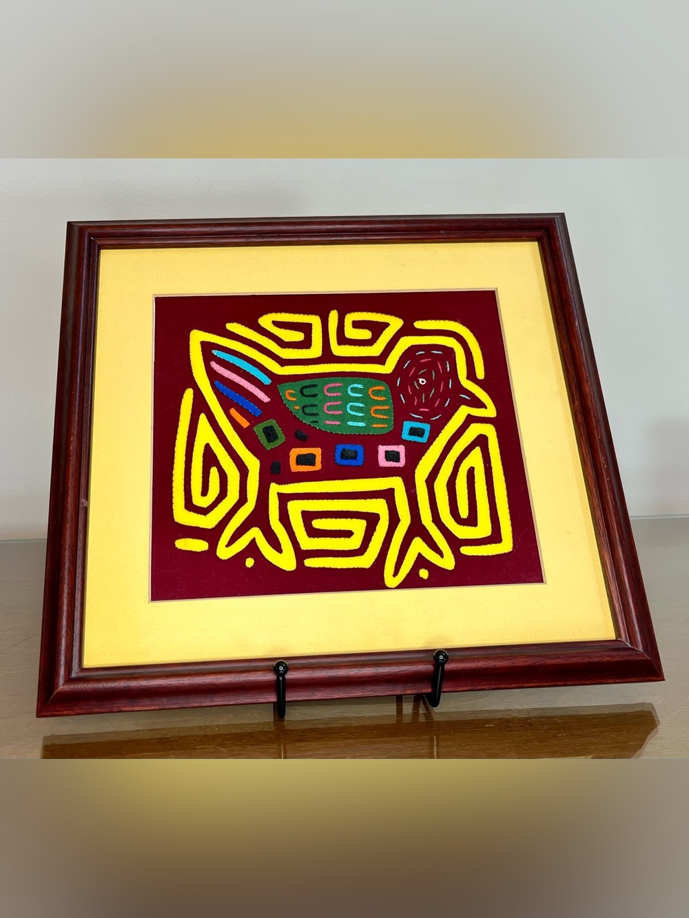 Colorful Bird Mola San Blas Panama Kuna Folk Art Framed Vintage